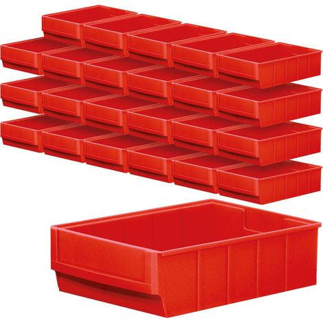 BRB Lot de 24 étagères professionnelles en plastique polypropylène (PP) - Rouge - Qualité industrielle - 300 x 183 x 81 mm (L x l x H) (1/2)