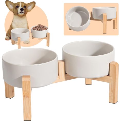 Gamelle pour Chien Surélevée Ceramique - Double Gamelle Chien Surelevee avec Support en Bambou - Set de Bol Chein pour Nourriture et Eau - Gamelles pour Chiens de Petite et Moyenne Taille - 2 x 850 ml