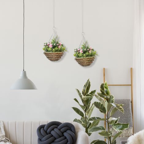 Ensemble de 2 fausses plantes de lisianthus avec pot et crochet - Ø25x34 cm - PE artificielle et plantes en osier - vert et rose