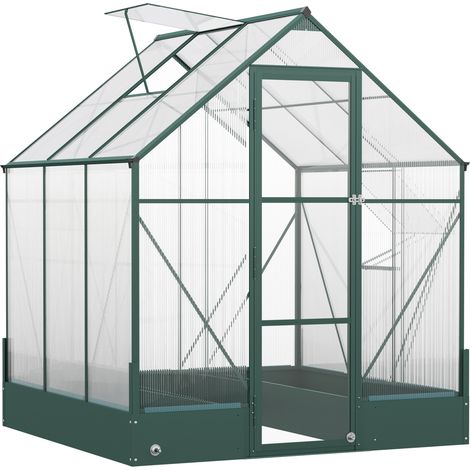 6x6 FT Polycarbonate Greenhouse with Base and Raised Bed, Walk-in Greenhouse with Aluminium Frame, Temperature Controlled Window, Foundation for Plants, Flowers, Vegetable