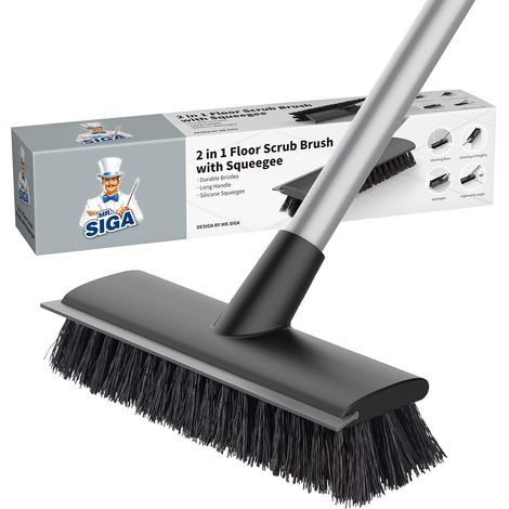 2 en 1 Brosse à Récurer Sol avec Raclette, Brosse Nettoyage Sol Brosse Nettoyage Sol avec Long Manche et Poils Rigides pour Salle de Bain, Cuisine, Terrasse, Patio, Garage (1/5)