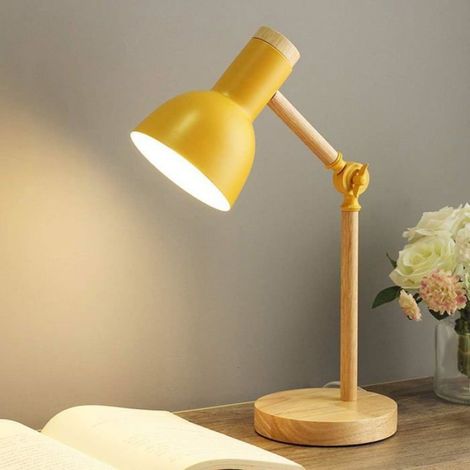 Lampe de Table E27 Avec Bras en Bois - Bureau Réglable Avec Interrupteur à Poussoir - Lecture Classique, Chevet - Jaune (1/4)