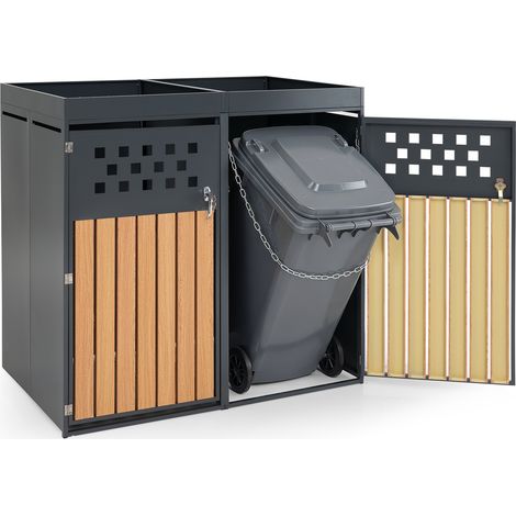 Cache Poubelle Extérieur en Acier Galvanisé avec Jardinière pour 2 Conteneurs, Portes Verrouillables à Lattes Ventilées, 2 Chaînes Anti-basculement