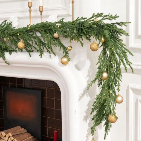 Guirlande de pin Norfolk pré-éclairée de 2,7 m avec lumières, guirlande de verdure artificielle au toucher réaliste pour cheminée, escaliers, porte et décoration de maison de vacances (pin Norfolk (1/5)