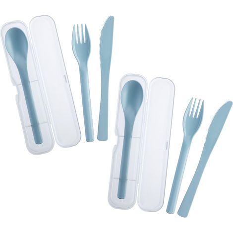 2 sets de couverts, 3 pièces – couteau, fourchette et cuillère à soupe dans une boîte à emporter, idéal pour le camping, les festivals et les pique-niques – sans BPA, bleu (1/5)