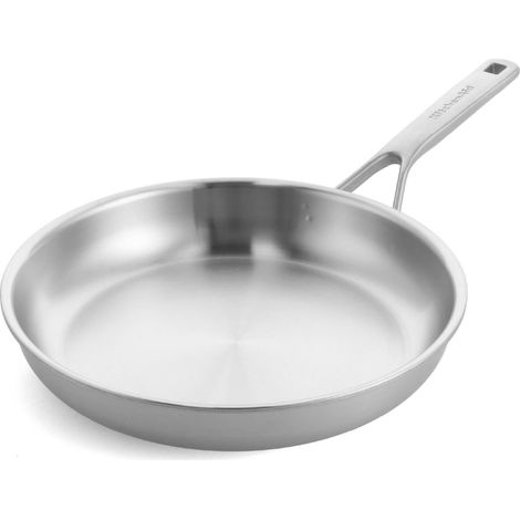 Poêle En Inox 3 Couches 28 Cm, Sans Revêtement, Noyau Aluminium, Bord Verseur, Induction, Four 220°C, Lave-Vaisselle, Argent