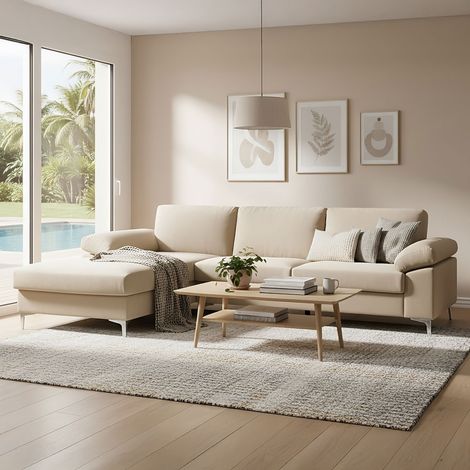 Divano ad angolo sinistro 4/5 posti in velluto beige GALWAY