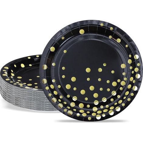 50 Assiettes en carton, 18cm, Paillettes dorées, Pois métallisé, Noir, Pour mariage et anniversaire