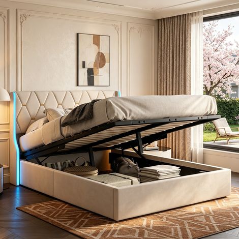 Lit Coffre 140x190 cm avec sommier, Lit capitonné avec Rangement et Lumière LED, Lit Double Rembourré avec tête de lit réglable en Hauteur, Velours Beige (1/5)