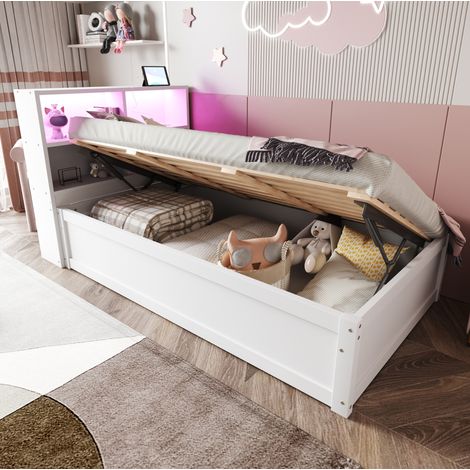 Multifunktionsbett 90x200 cm weiß aus Holz mit Steckdose, LED-Lichtleiste und Stauraum (1/5)