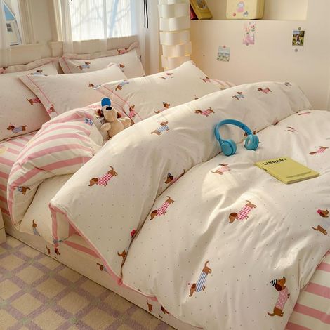 Housse de Couette 200x200 Chien Teckel Rose à Rayures Réversible (1/5)