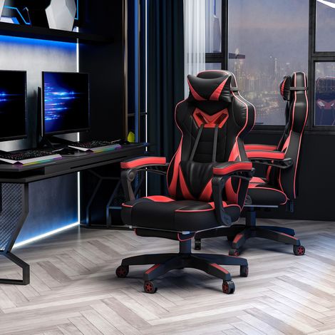 Sedia gaming reclinabile 170°, altezza regolabile, poggiapiedi retrattile, nera DESVIAE (1/5)