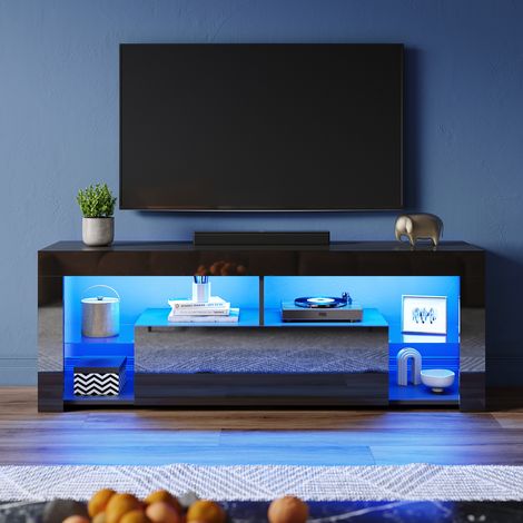 ELEGANT High Gloss TV Stand with LED Lights, Floor Stand TV Unit with Open Glass Shelves and Flip-Down Door Compartment, Black, 1400x350x505mm (1/5)