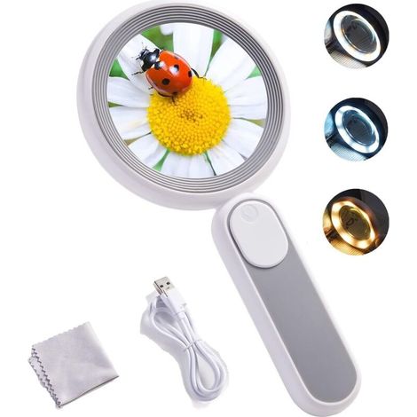 10-fache Vergrößerungslupe, 21 LEDs, USB-aufladbar, 3 Modi, geeignet für Senioren, Kinder, zum Lesen, für Schmuckarbeiten, Sehbehinderte, Beobachtungen und Bastelarbeiten, Grau (1/4)