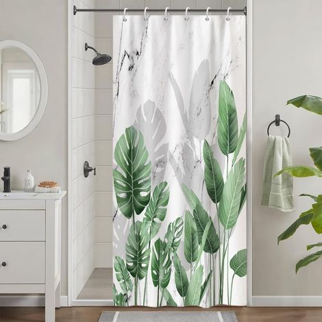 Rideau Douche Anti Moisissure, Rideau Douche Petit 90x180cm Effet Marbre Gris Tropical Feuilles de Palmier Vert Rideaux de Baignoire Tissu Lavable Imperméable Rideaux de Bain avec 6 Crochets - 90L X 1 (1/5)