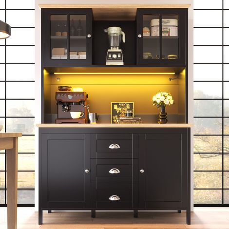 Buffet haut lumineux LED, meuble de cuisine à rangement, armoire blanche et noire, 120x40x179 cm, 4 portes, 3 tiroirs, colonne de stockage design. (1/5)