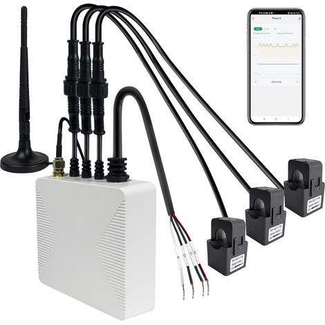 Moniteur d'énergie domestique intelligent WiFi triphasé, Pince Ampèremétrique triphasée avec 3 Capteurs de Niveau de Circuit 200 A, Moniteur d'électricité en Temps Réel, 3 Phases/200 A (1/5)