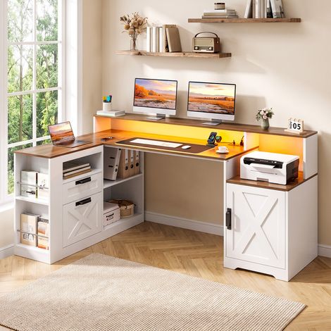 Computertisch – L-förmiger Gaming-Tisch – 2 Schubladen und 1 Schließfach – 4 Steckdosen und 2 USB-Anschlüsse – Druckerständer – verstellbares LED-Licht – 158 x 98 x 91 cm – Weiß – Büro, Schlafzimmer, (1/5)