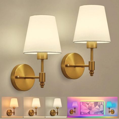 Lot de 2 appliques murales sans fil à piles, lampes en tissu avec ampoules rechargeables et télécommande – 3 températures de couleur (CCT) et 9 couleurs RGB, intensité réglable, Laiton (1/5)