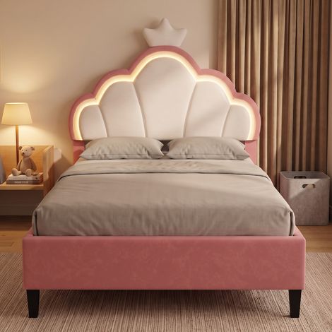 Lit enfant simple 90x200 cm avec éclairage LED, tête de lit réglable et sommier, lit capitonné en velours, style princesse, Rose et Blanc (1/5)