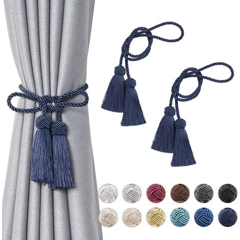 Lot de 2 embases de rideaux à pompons doubles en corde tressée faites à la main - Style européen - Pour décoration de fenêtres de maison et de bureau (Bleu foncé) (1/5)