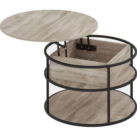 Table basse relevable table basse rangement intégré plateau relevable étagères latérales cadre en acier finition chêne plateau rond (1/5)