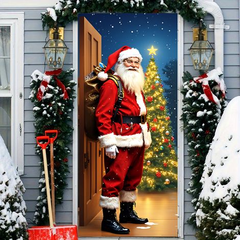 Décoration de Noël : rideau, guirlande, fanion, drapeau, décoration de porte, guirlande d'ambiance - 90 x 180 cm (perforé + ruban) - 13
