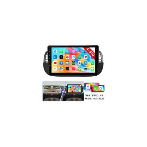Autoradio Android 14 9 pouces avec CarPlay pour Fiat 500 (2007-2015), radio FM RDS, navigation GPS, Wi-Fi et Bluetooth - 4+64G