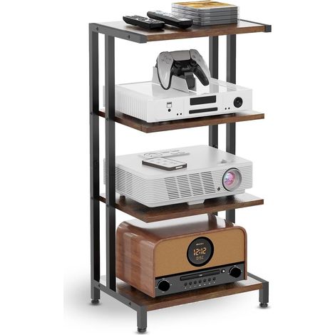 Étagère HiFi à 4 niveaux en bois et fer pour tourne-disque, chaîne audio, chaîne stéréo, convient pour le salon et le bureau, 28 x 42 x 81 cm (P x l x H), noir/marron (1/5)
