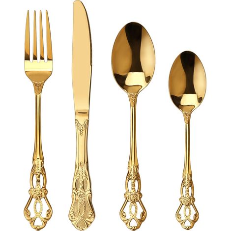 set couverts de table or 6 personnes Rétro royal, ensemble de couverts inox, se compose de couteaux/fourchettes/cuillères, finition Poli (1/5)