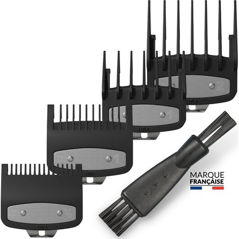 Sabots tondeuse pour Dégradé Pack x4 (1.5+3+4.5+6mm +1x Brosse) Lot de 4 Sabots compatible avec les tondeuses Wahl ✯GARANTIE A VIE✯ Accessoire Coiffeur/Salon/Barbier/Barber/Coiffeur Kits 4 Peignes (1/5)