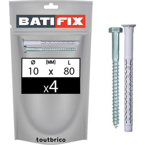 4 chevilles nylon 10x80mm + vis hexa zingué Batifix