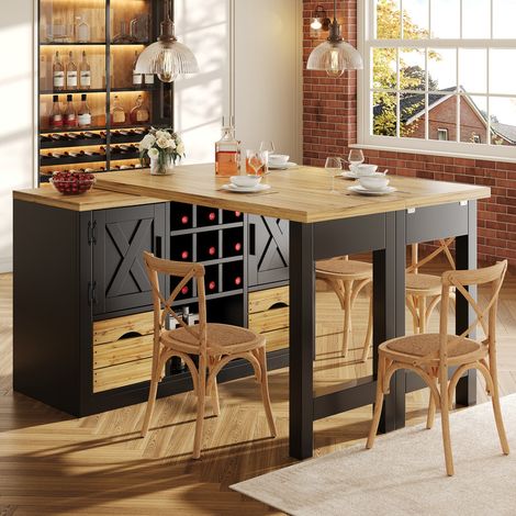 Îlot de cuisine extensible avec table à manger, table de bar avec casiers à vin et tiroirs, plateau pivotant à 360, noir