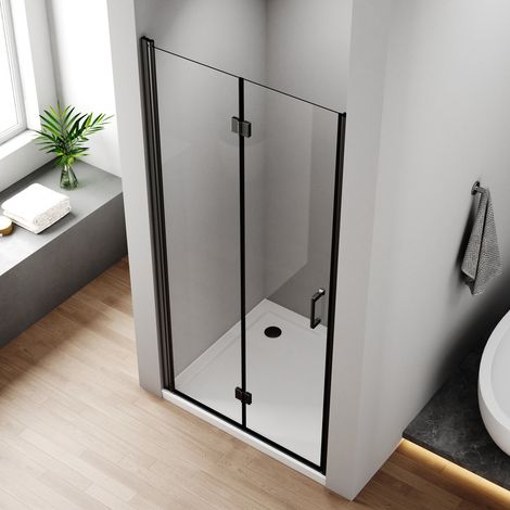 Nischentür 75 x 195 cm Schwarzer Duschtür Falttür Duschabtrennung Duschkabine Falttür Nische Drehfalttür Dusche 6mm NANO ESG Glas Faltbar Duschwand (1/5)