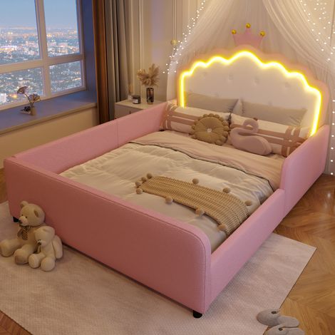 Lit enfant rembourré 140x190 cm avec éclairage LED,tête de lit couronne et barrières de sécurité,PU rose,sans matelas (1/5)