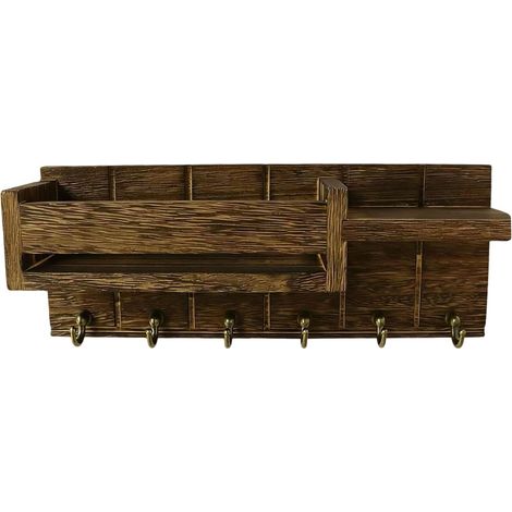 Porte-clés mural rustique et robuste à 6 crochets, en bois, idéal pour organiser votre courrier, votre salle de bain, porche ou salon, Brun (1/5)