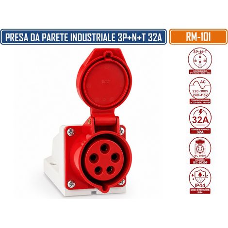 RAIMI RM-101 PRESA INDUSTRIALE DA PARETE 3P+N+T 32A AC 220-380V / 240-415V IP44 (1/5)