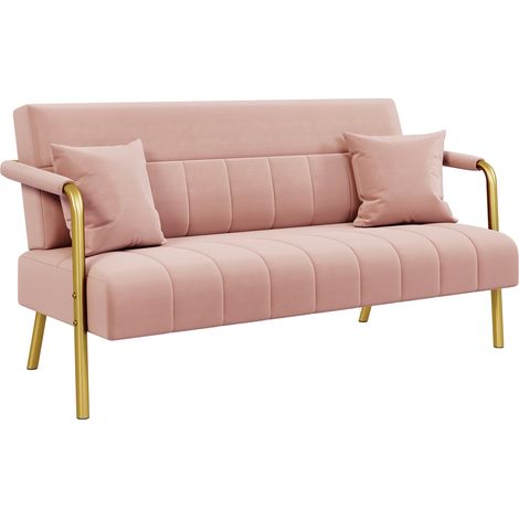 Yaheetech Divano Imbottito a 2 Posti in Velluto Divanetto da Salotto con Braccioli 143,5 cm × 71,5 cm × 75,5 cm Sofa Moderno con 2 Cuscini Divano per Soggiorno Camera da Letto Rosa