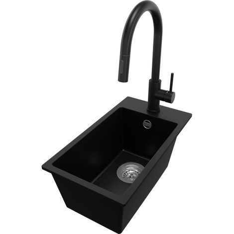 PRIMAGRAN Evier Cuisine en Granit 28x50cm, Lavabo 1 bac + Robinet 40x20cm + Kit de Vidage, Évier à Encastrer au meuble 30cm - Riga, Noir (1/5)