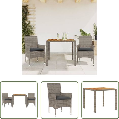 Table de jardin - Ensemble à manger de jardin et coussins 3 pcs gris rotin acacia (1/5)