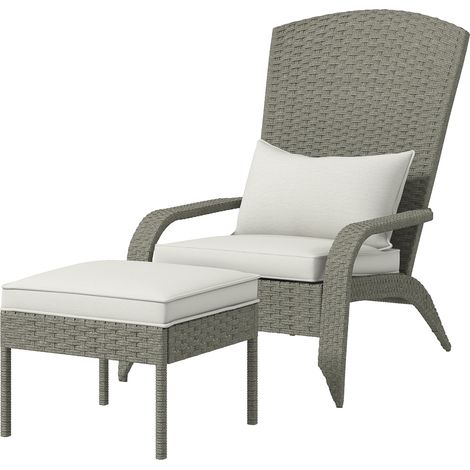 Chaise de jardin avec repose-pieds et coussins rembourrés, en rotin et acier, 64 x 82 x 89 cm, gris et crème (1/5)