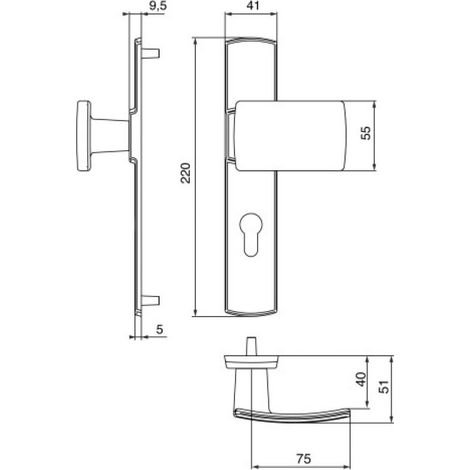 Ensemble de poignée ”Muze” sur plaque - BEZAULT - Diamant noir - Plaque 215 x 41 mm - entraxe de fixation 195 mm - Porte palière - clé I avec trou oblong pour protecteur de cylindre (1/4)
