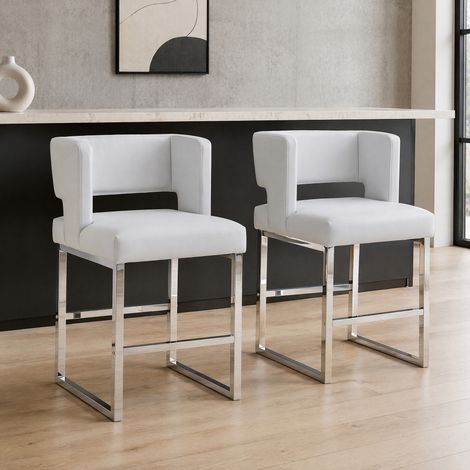 Set di 2 sgabelli da bar 91,4 cm, seduta in PU grigio chiaro, gambe metallo argento DESVIAE (1/5)