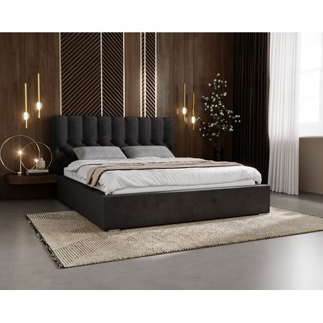 Emporius Lit double 180x200 cm Sevilla, lit velours avec sommier à lattes et rangement, Noir (1/5)