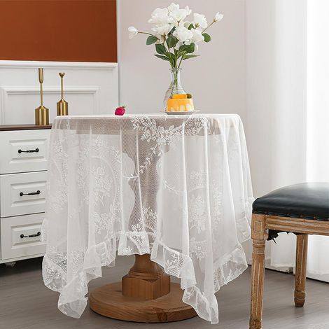 Nappe dentelle rectangulaire 140x100cm avec volants et motif floral, blanc