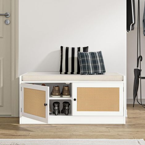 Banc à Chaussures avec Coussin, Banc D'entrée Etroit, Meuble Chaussure Bas Bois, Coffre de Rangement, Séparateur Réglable, pour Entrée, Salon, Chambre, Blanc 101 x 40 x 46 cm (1/5)