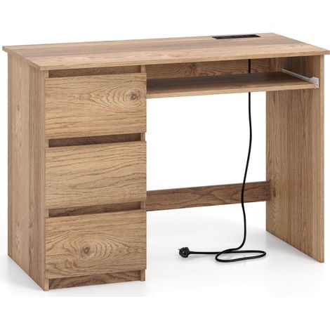COSTWAY Computer Desk Modern Office Desk w/ Power Outlet & Keyboard Tray-Natural (1/5)