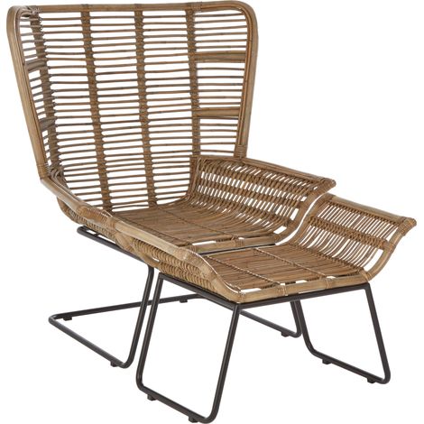 Interiors by Premier Rattan Chair and Footstool Set, Horizontal Rattan Lining Chair, Hand-woven Rattan Set with Black Iron Frame (1/5)