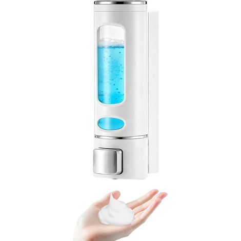 Dispensador de jabón mural de 400 ml，dispensador de jabón mural sin necesidad de taladrar，gel de ducha y jabón líquido (blanco)