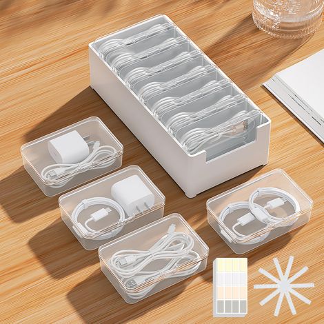 Boite De Rangement Pour Cables - 7 Compartiments Transparents - Sangles De Fixation Et Etiquettes Adhesives Incluses - Pour Cables De Chargement Usb Ecouteurs - Lot De 7 (1/5)